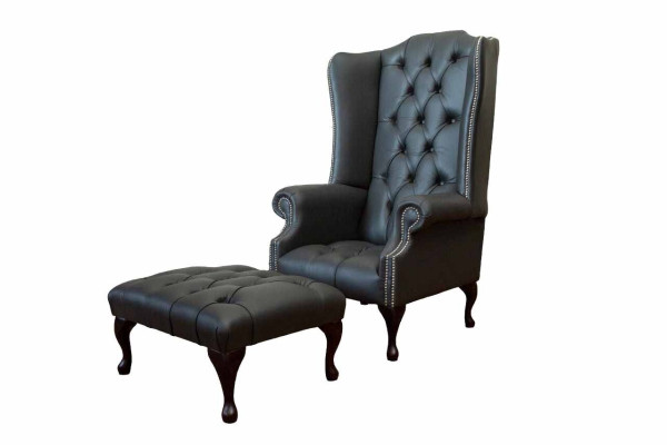 Sillón con reposapiés, sillón tapizado de diseñador Chesterfield, sillón de orejas nuevo.