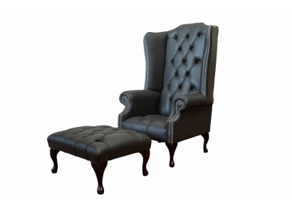 Sillón con reposapiés, sillón tapizado de diseñador Chesterfield, sillón de orejas nuevo.