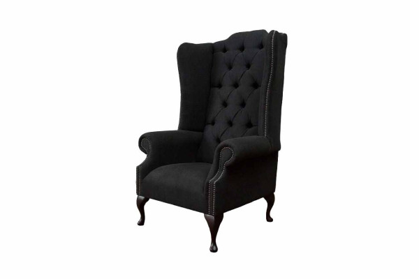 Sillón orejero asiento negro diseño tapizado Chesterfield textil nuevo.