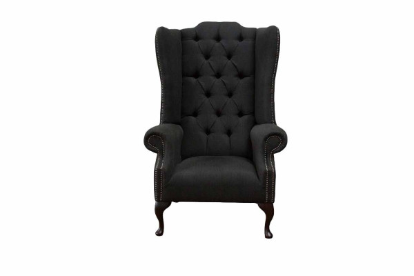 Sillón orejero asiento negro diseño tapizado Chesterfield textil nuevo.