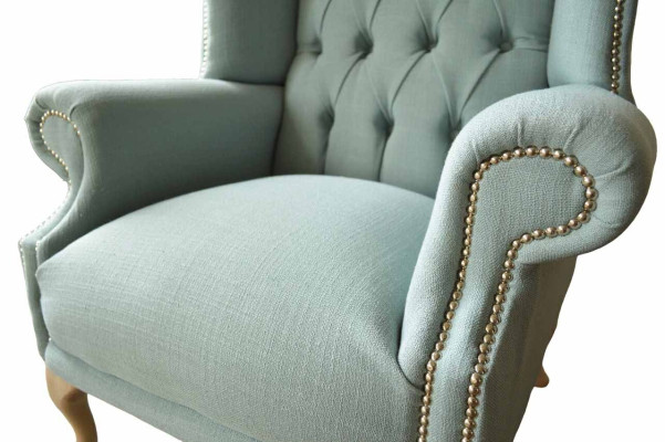 Sillón orejero diseño tapizado blanco sofá Chesterfield textil nuevo.