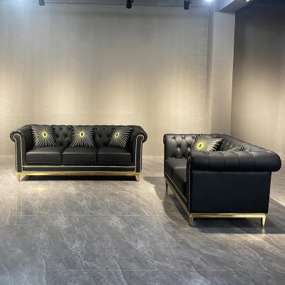 Sofá de salón Chesterfield negro de lujo en juego de 3+2 plazas, set de 2 piezas.