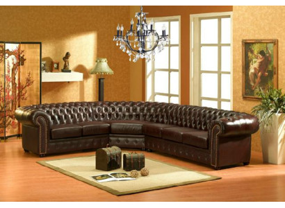 Sofá de esquina clásico Chesterfield con tapizado de esquina de cuero de sofá de sala de estar.