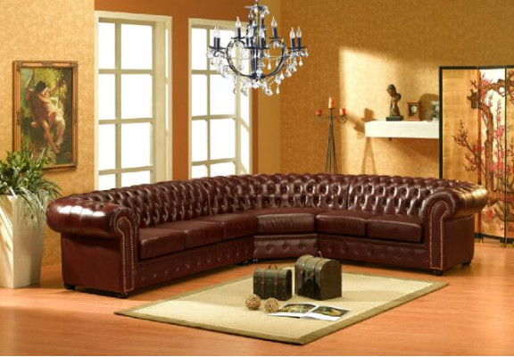 Sofá de esquina clásico Chesterfield con tapizado de esquina de cuero de sofá de sala de estar.