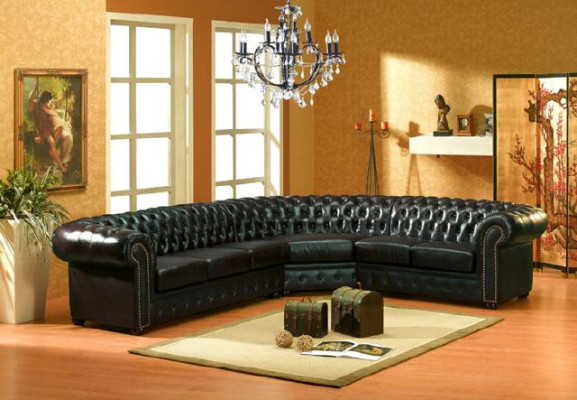 Sofá de esquina clásico Chesterfield con tapizado de esquina de cuero de sofá de sala de estar.
