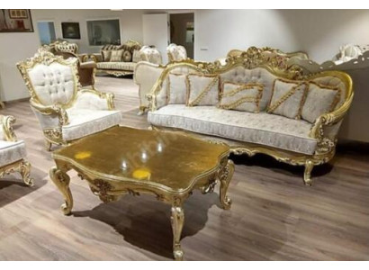 Conjunto de sofá 3+1 plazas lujosa mesa de café dorada sala de estar 3 piezas.