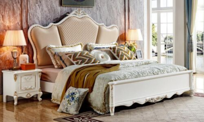 Juego de cama de dormitorio blanco de diseño con estilo de cuero, 2 camas, 2 mesitas de noche - 3 piezas