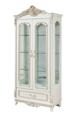 Vitrina blanca de lujo para salón de madera y vidrio con diseño elegante y clásico.