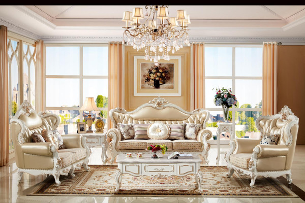 Sofá de 3 plazas de cuero de lujo beige, clásico y elegante para la sala de estar.