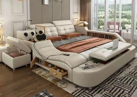 Cama multifuncional diseño de lujo en cuero con estante doble 180x200 cm.