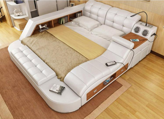Cama multifunción con estante, armario, estación de carga USB, cama doble de cuero.