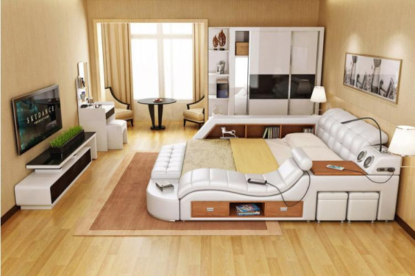 Cama multifunción con estante, armario, estación de carga USB, cama doble de cuero.