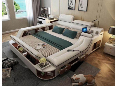 Camas de hotel de 180x200 cm con estante multifunción y diseño USB. Cama de diseño xxl grande de cuero.