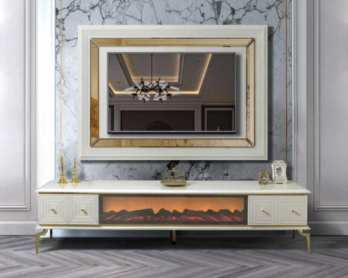 mueble de salón con estantería de televisión y chimenea, juego de muebles de pared con panel de televisión de acero inoxidable de lujo