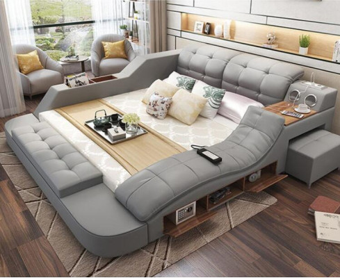 Cama de diseño multifuncional XXL 180x200 camas grandes de cuero hotel estante USB
