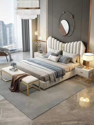 Modernos muebles de lujo tapizados en cuero y tela. Cama de dormitorio de alta calidad.