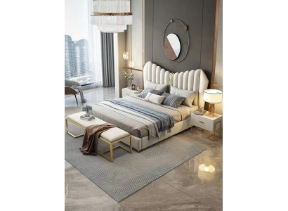 Modernos muebles de lujo tapizados en cuero y tela. Cama de dormitorio de alta calidad.