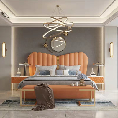 Modernos muebles de lujo tapizados en cuero y tela. Cama de dormitorio de alta calidad.