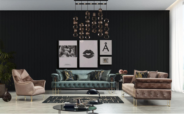 Sofá marrón Chesterfield de 3+1 plazas para sala de estar.