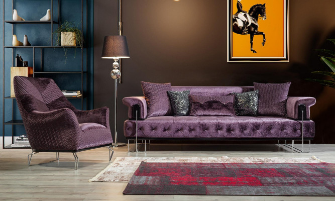 Sofá lila Chesterfield de 3+1 plazas para la sala de estar.