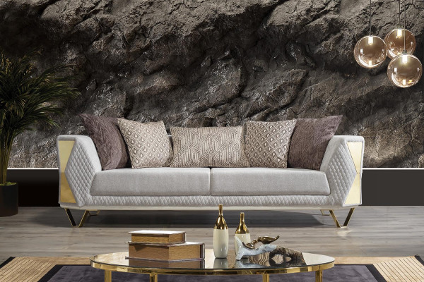 Sofá extravagante de tres plazas para la sala de estar, tapizado en tela.