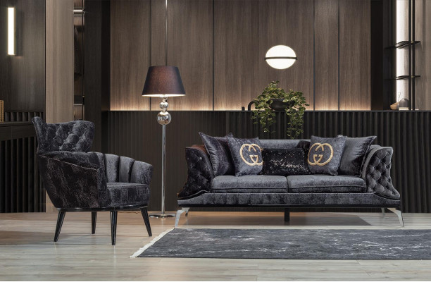 Mueble de diseño, sillón de diseño moderno, tela, salón negro.