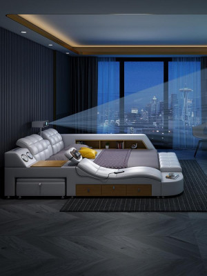 Multifunción Deluxe Cama Masaje Cama Hotel Tapizado Led usb Radio