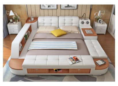 Cama multifuncional de dormitorio con estantes, cama de lujo de cuero 180x200.