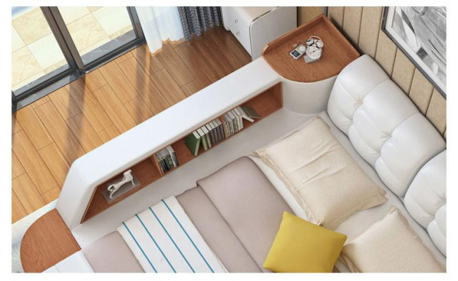 Cama multifuncional de dormitorio con estantes, cama de lujo de cuero 180x200.
