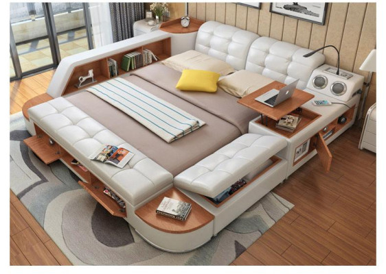 Cama multifuncional de dormitorio con estantes, cama de lujo de cuero 180x200.