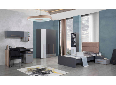 Habitación juvenil gris, armario, estantería, cama infantil, 5 piezas