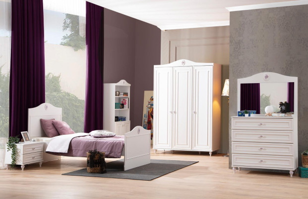 Diseño de estantería librero blanco para habitación juvenil.