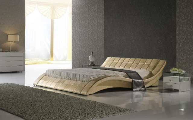 Camas dobles de hotel, habitación de matrimonio en cuero de diseño lujoso.