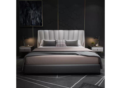 Camas dobles de hotel de lujo de 180x200 cm en habitación gris de cuero.