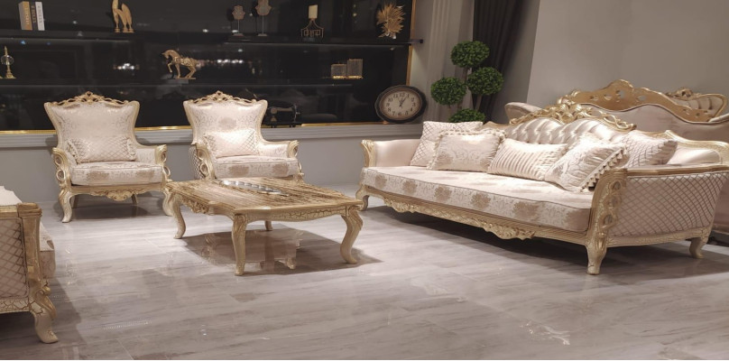 Sofá de 3 plazas + 1 + 1 mesa de centro, sofá, sillón, juego de sofás en estilo dorado.