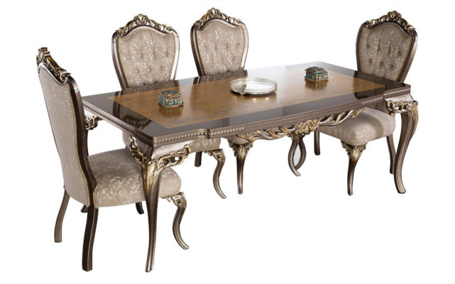 Silla Set 4x Sillas de respaldo Silla de comedor Madera Lujo Comedor Tela Sillas barrocas