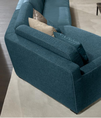 Sofá de diseño en forma de L, sofá tapizado, muebles de salón, sofá esquinero, textil azul.