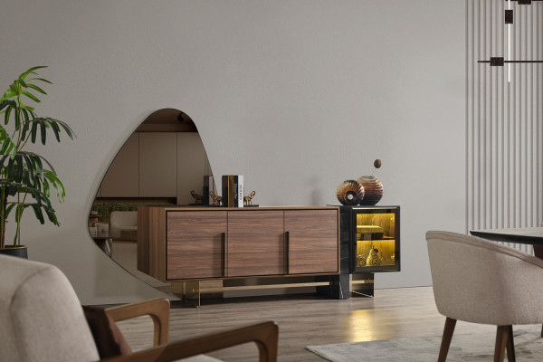 Aparador de comedor con espejo marrón, cómoda, aparador de madera.