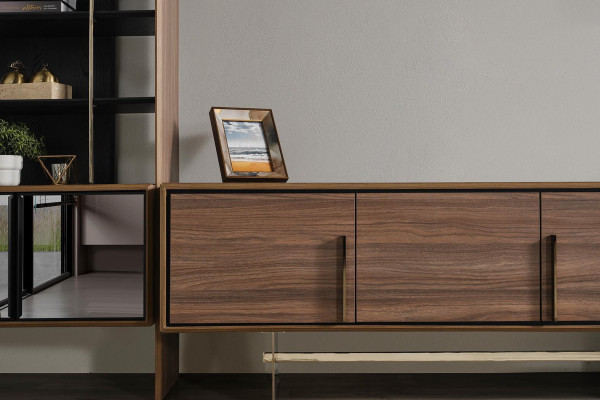 Conjunto de sala de estar, soporte para TV, vitrina, estantería de madera, mueble moderno.