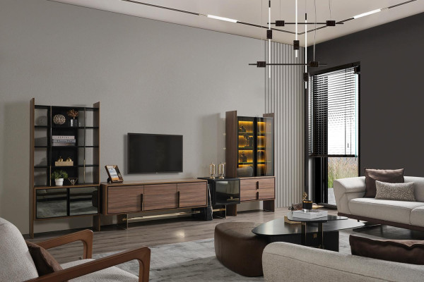 Conjunto de sala de estar, soporte para TV, vitrina, estantería de madera, mueble moderno.
