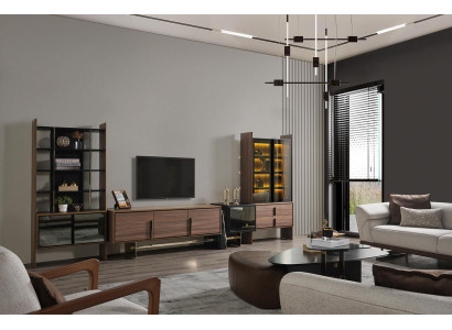 Conjunto de sala de estar, soporte para TV, vitrina, estantería de madera, mueble moderno.