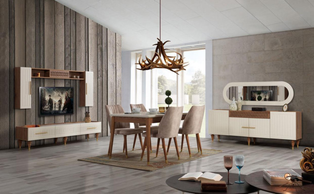 Juego completo de sala de estar + conjunto de comedor Mesa Estante Cómoda 6 piezas.