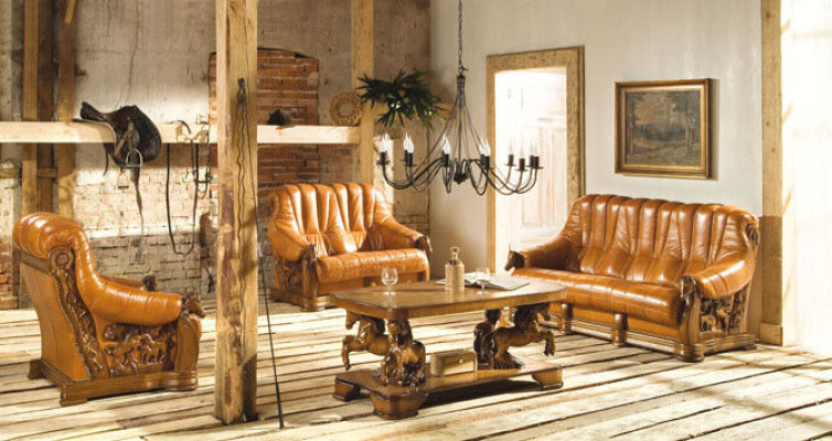Juego de salón: conjunto de sofá, sillón y asiento de cuero, tela y madera 3+1+1.