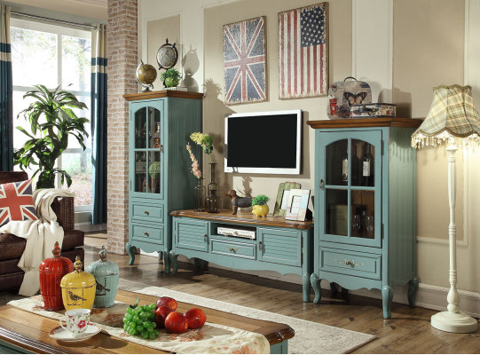 Estilo rústico conjunto de muebles para salón con vitrina de madera, aparador y mueble para TV de 3 piezas.