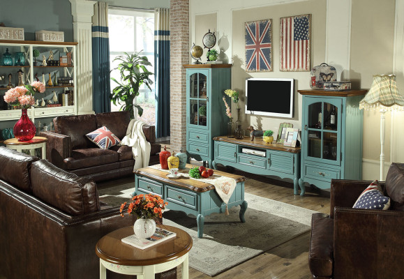 Estilo rústico conjunto de muebles para salón con vitrina de madera, aparador y mueble para TV de 3 piezas.