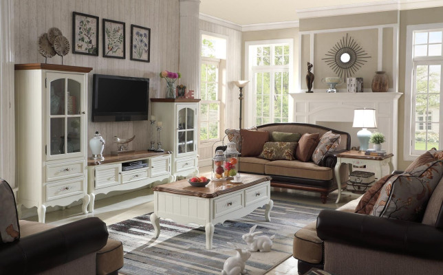 Conjunto de muebles de salón Landhaus Stol Vitrina Aparador RTV de Madera Blanco - Juego de 3 piezas.