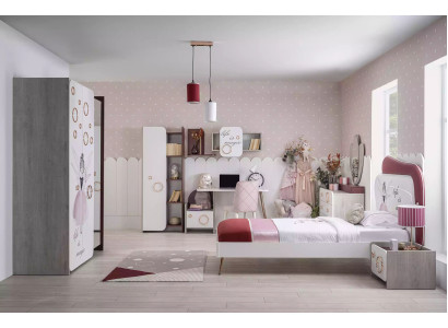 Conjunto de habitación de lujo para niños Cama Armario Estantería Muebles infantiles de madera Rosa 8 piezas
