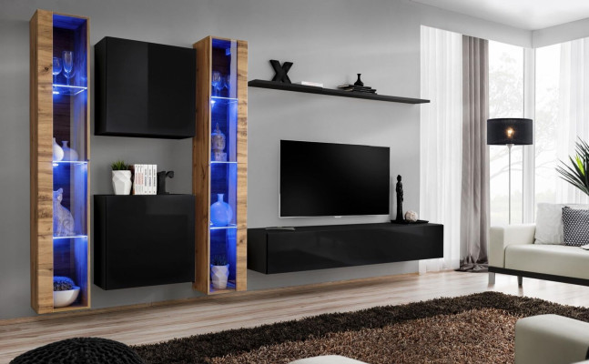 Conjunto de pared Armario de pared Diseño moderno Soporte de TV Negro Muebles de salón Completos