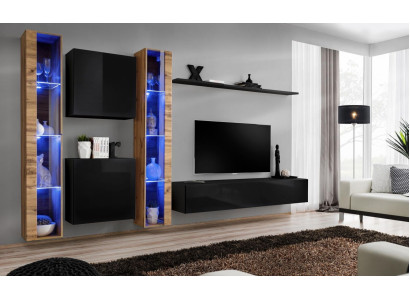 Conjunto de pared Armario de pared Diseño moderno Soporte de TV Negro Muebles de salón Completos