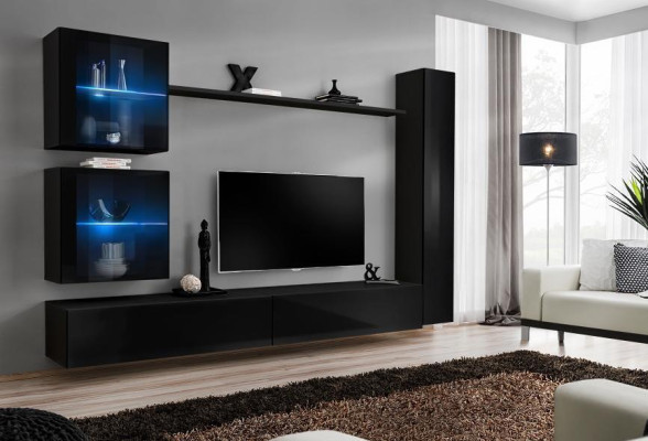 Mueble de salón completo en negro, moderno y de diseño, con soporte para TV.